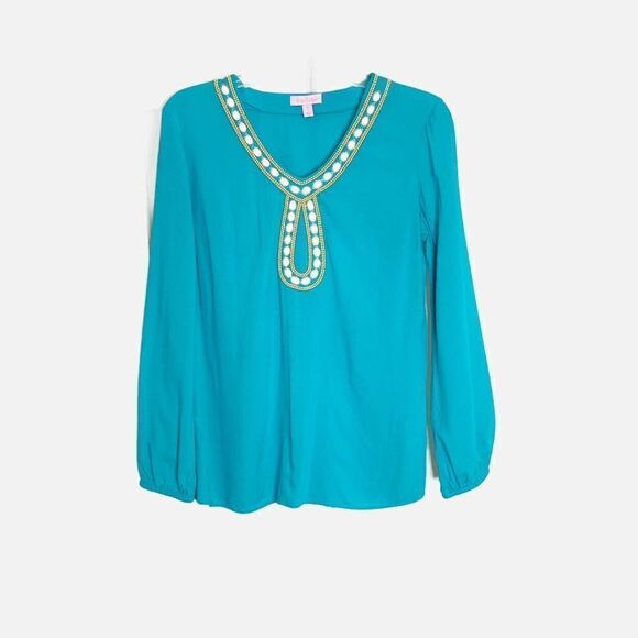Lilly Pulitzer Violet Tunic Top in Deep Cyan Blue Size S Gold Beaded Embellished - Picture 3 of 9